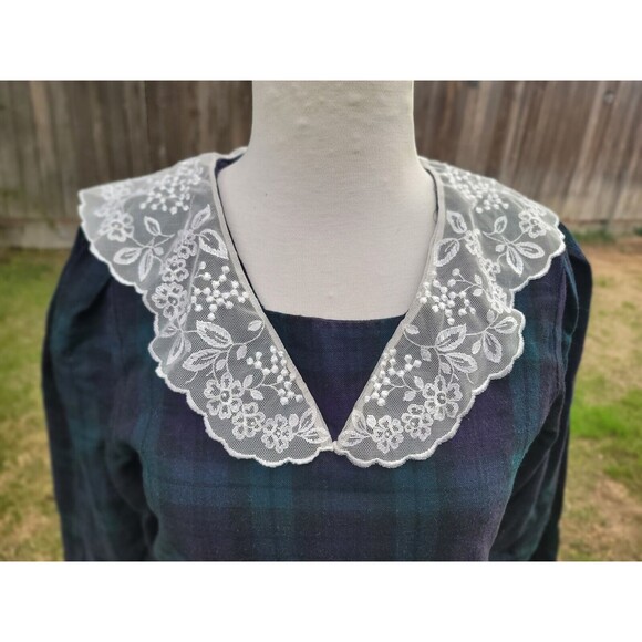 Laura Ashley Vintage Drop Waist Dress Size 8 Blue Green Plaid Tartan Wool Lace - Picture 2 of 9